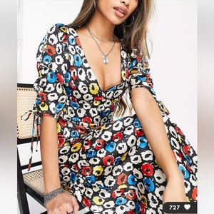 NWT Topshop retro primary floral peplum midi dress in multi | Size: 12